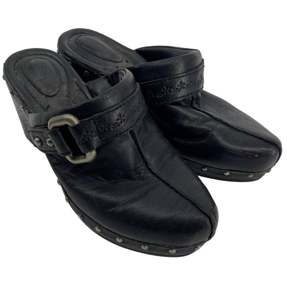 Vintage Fossil Women 6.5 black leather Mules Split Toe Clog Studded Black Heels
